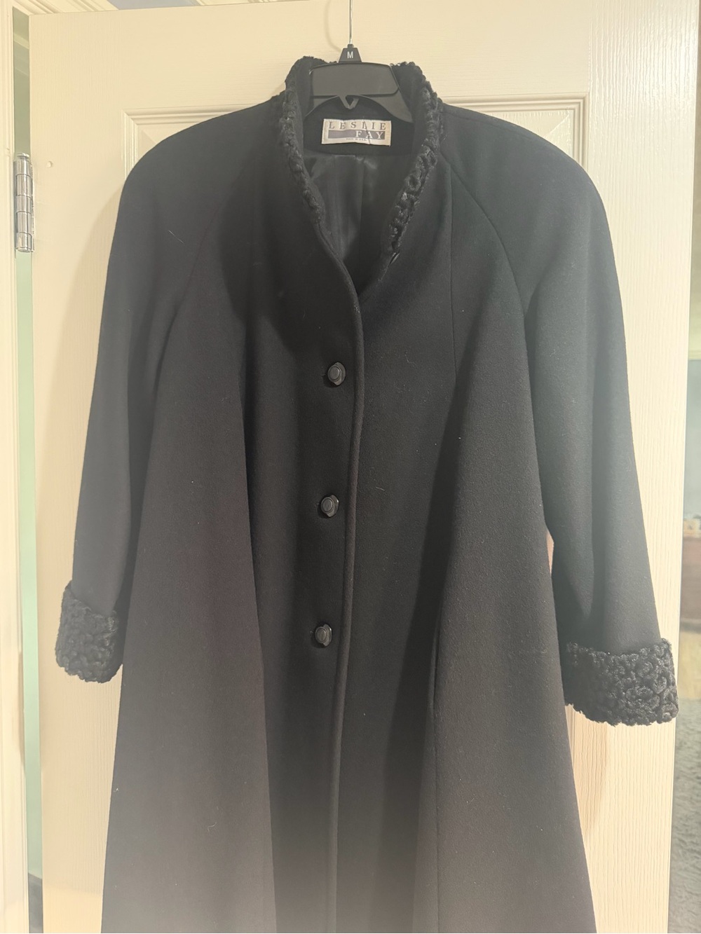 Leslie Fay Black Wool Blend Coat with Faux Fur Trim